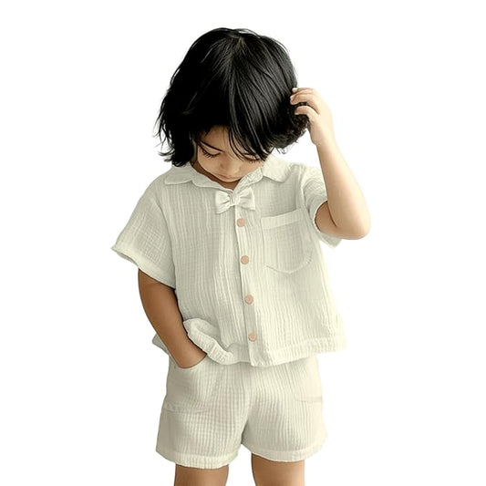 Kidbea® 100% Linen Shirt & Pant Co-ord Set for Kids | Elegant & Comfortable Summer Wear | Stylish Short-Sleeve Shirt with Bow & Comfy Shorts