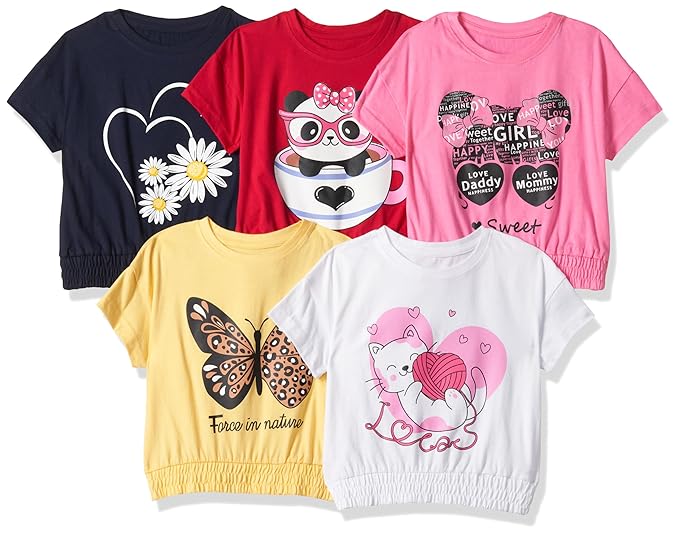 T2F Girls Cotton Printed Regular Fit Crop Top (Pack of 5)